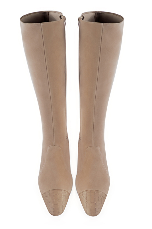 Tan beige women's feminine knee-high boots. Round toe. High block heels. Made to measure. Top view - Florence KOOIJMAN